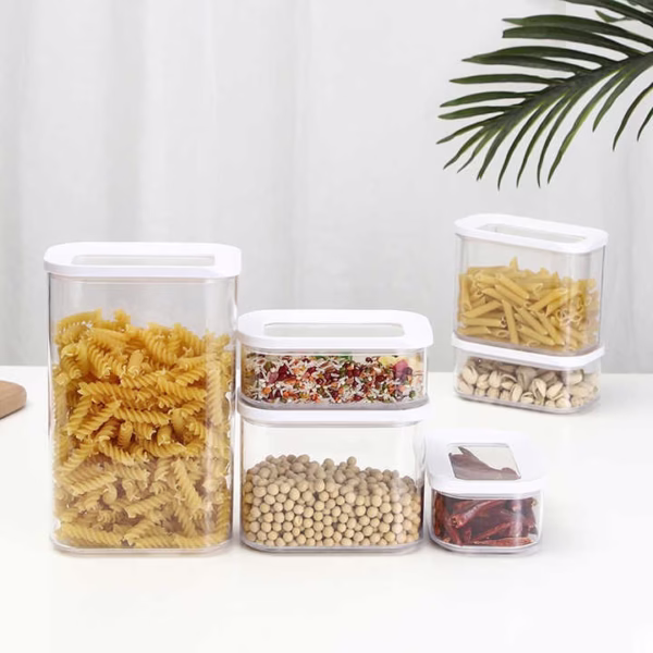 Set 5 Cutii de Depozitare Alimente, Flippy, Capac Alb, din ABS+Silicon, 23 x 15 x 27 cm, Transparent - imagine 2