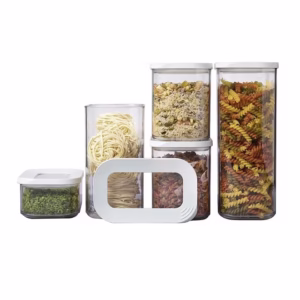 Set 5 Cutii de Depozitare Alimente, Flippy, Capac Alb, din ABS+Silicon, 23 x 15 x 27 cm, Transparent