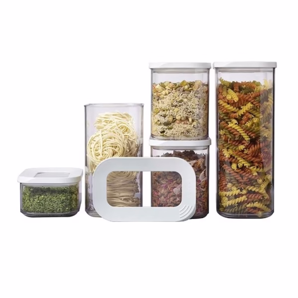 Set 5 Cutii de Depozitare Alimente, Flippy, Capac Alb, din ABS+Silicon, 23 x 15 x 27 cm, Transparent - imagine 1
