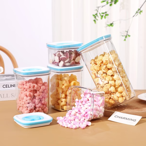 Set 5 Cutii de Depozitare pentru Bucatarie, Flippy, 2 x 600ml, 2 x 1.3L, 1 x 2L, din ABS+PET+Silicon, Capac Alb/Albastru, 23 x 10 x 10 cm, Transparent - imagine 3