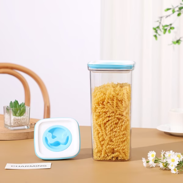 Set 5 Cutii de Depozitare pentru Bucatarie, Flippy, 2 x 600ml, 2 x 1.3L, 1 x 2L, din ABS+PET+Silicon, Capac Alb/Albastru, 23 x 10 x 10 cm, Transparent - imagine 5