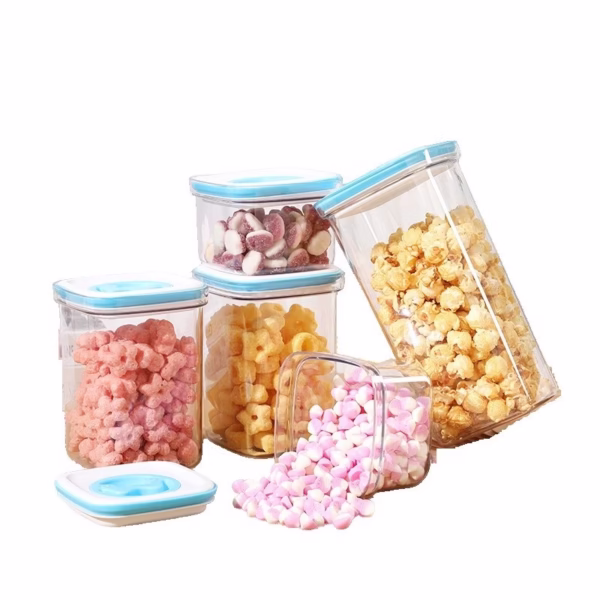 Set 5 Cutii de Depozitare pentru Bucatarie, Flippy, 2 x 600ml, 2 x 1.3L, 1 x 2L, din ABS+PET+Silicon, Capac Alb/Albastru, 23 x 10 x 10 cm, Transparent - imagine 1