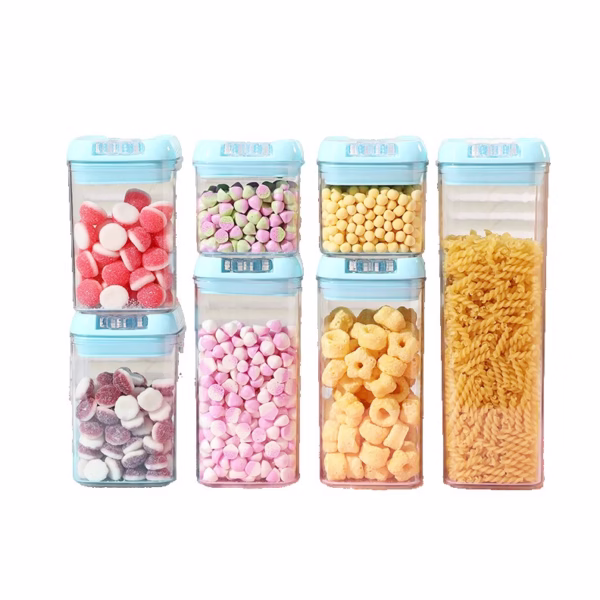 Set 7 Cutii de Depozitare Alimente, Flippy, 2 x 500ml, 2 x 800ml, 2 x 1200ml, 1 x 1900 ml, Capac Albastru, din PP+PET, Inchidere Ermetica, Transparent - imagine 1