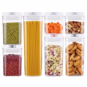 Set 7 Recipiente din Plastic, Flippy, pentru Alimente/Obiecte, Inchidere Ermetica, 2 x 0.5l, 2 x 0.8l, 2 x 1.2l, 1 x 1.9 l, Capac Alb, Transparent