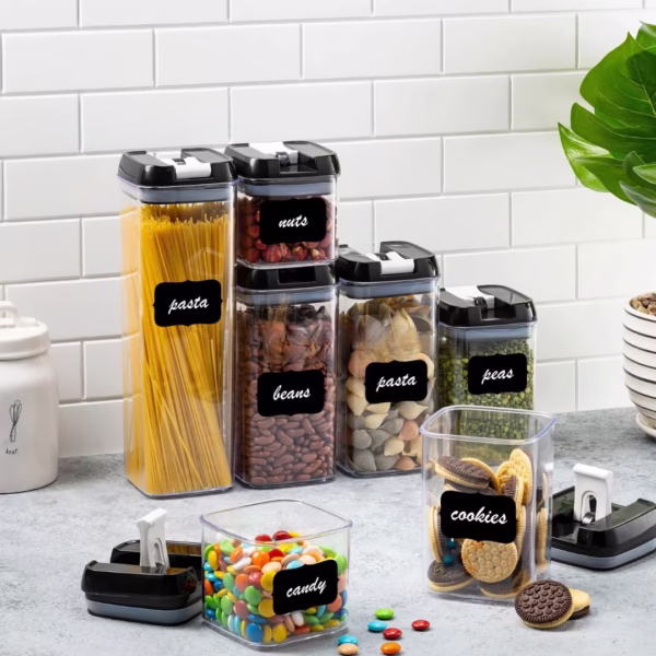 Set 7 Recipiente Organizare Alimente, Flippy, Inchidere Etansa, Etichete Reutilizabile, Cupe Masurare, 4 Dimensiuni Diferite, din Plastic Dur, Transparent - imagine 22