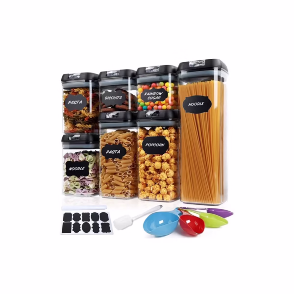 Set 7 Recipiente Organizare Alimente, Flippy, Inchidere Etansa, Etichete Reutilizabile, Cupe Masurare, 4 Dimensiuni Diferite, din Plastic Dur, Transparent - imagine 9
