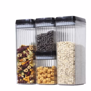 Set 4 Recipiente din Plastic, Flippy, pentru Alimente/Obiecte, Inchidere Ermetica, Textura Ondulata, 2 x 1.5l, 2 x 3.3 l, Transparent