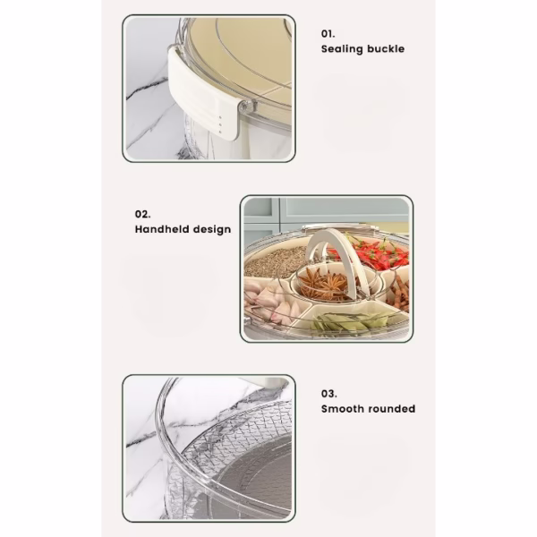 Cutie de Depozitare pentru Alimente, Flippy, cu 6 Compartimente, pentru Condimente, Fructe, Legume, cu Manere de Prindere, Rotativa 360 de Grade, Inchidere Ermetica, 32x8 cm, Alba - imagine 3