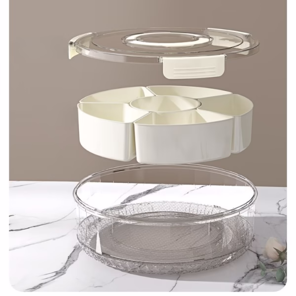 Cutie de Depozitare pentru Alimente, Flippy, cu 6 Compartimente, pentru Condimente, Fructe, Legume, cu Manere de Prindere, Rotativa 360 de Grade, Inchidere Ermetica, 32x8 cm, Alba - imagine 5