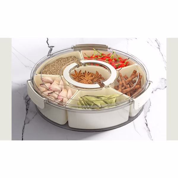 Cutie de Depozitare pentru Alimente, Flippy, cu 6 Compartimente, pentru Condimente, Fructe, Legume, cu Manere de Prindere, Rotativa 360 de Grade, Inchidere Ermetica, 32x8 cm, Alba - imagine 7
