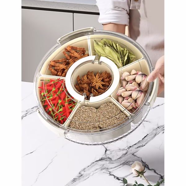 Cutie de Depozitare pentru Alimente, Flippy, cu 6 Compartimente, pentru Condimente, Fructe, Legume, cu Manere de Prindere, Rotativa 360 de Grade, Inchidere Ermetica, 32x8 cm, Alba - imagine 12