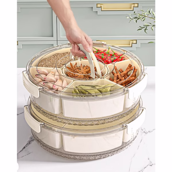 Cutie de Depozitare pentru Alimente, Flippy, cu 6 Compartimente, pentru Condimente, Fructe, Legume, cu Manere de Prindere, Rotativa 360 de Grade, Inchidere Ermetica, 32x8 cm, Alba - imagine 13