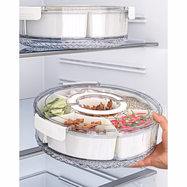 Cutie de Depozitare pentru Alimente, Flippy, cu 6 Compartimente, pentru Condimente, Fructe, Legume, cu Manere de Prindere, Rotativa 360 de Grade, Inchidere Ermetica, 32x8 cm, Alba - imagine 14