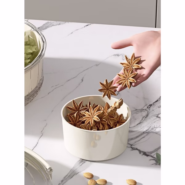 Cutie de Depozitare pentru Alimente, Flippy, cu 6 Compartimente, pentru Condimente, Fructe, Legume, cu Manere de Prindere, Rotativa 360 de Grade, Inchidere Ermetica, 32x8 cm, Alba - imagine 15