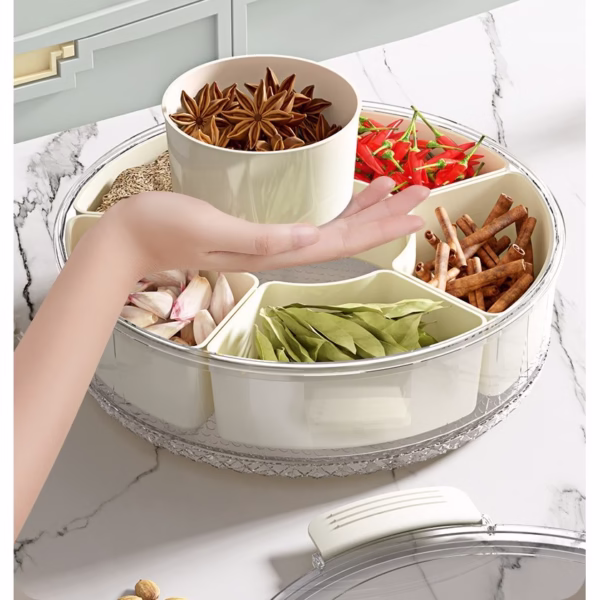 Cutie de Depozitare pentru Alimente, Flippy, cu 6 Compartimente, pentru Condimente, Fructe, Legume, cu Manere de Prindere, Rotativa 360 de Grade, Inchidere Ermetica, 32x8 cm, Alba - imagine 16