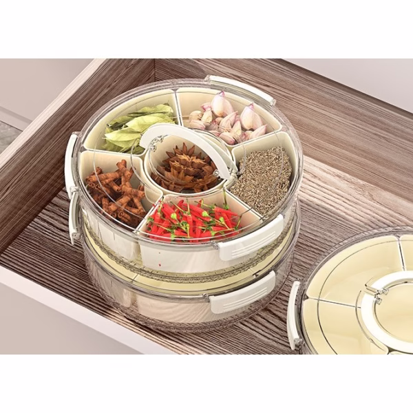 Cutie de Depozitare pentru Alimente, Flippy, cu 6 Compartimente, pentru Condimente, Fructe, Legume, cu Manere de Prindere, Rotativa 360 de Grade, Inchidere Ermetica, 32x10 cm, Alba - imagine 9