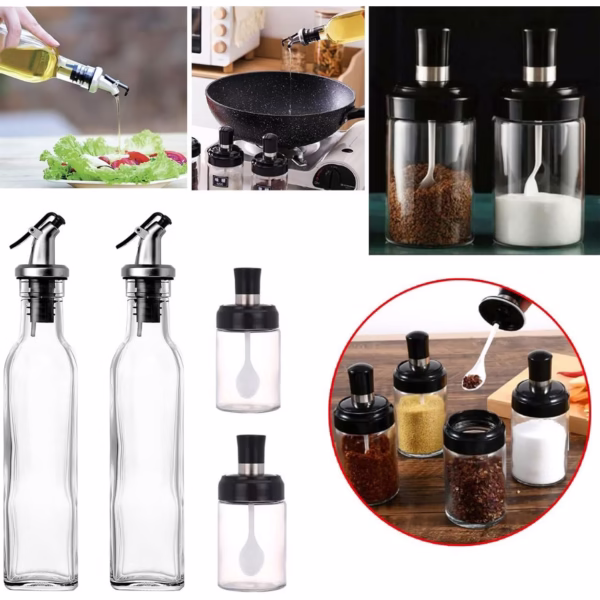 Sticle si Borcane de Ulei de Masline, Flippy, Dozator Set 4 Bucati, 2 Sticle cu Dispenser 500 ml/buc, 2 Borcane pentru Condimente cu Capac si Lingura 120ml/buc, Transparent - imagine 2