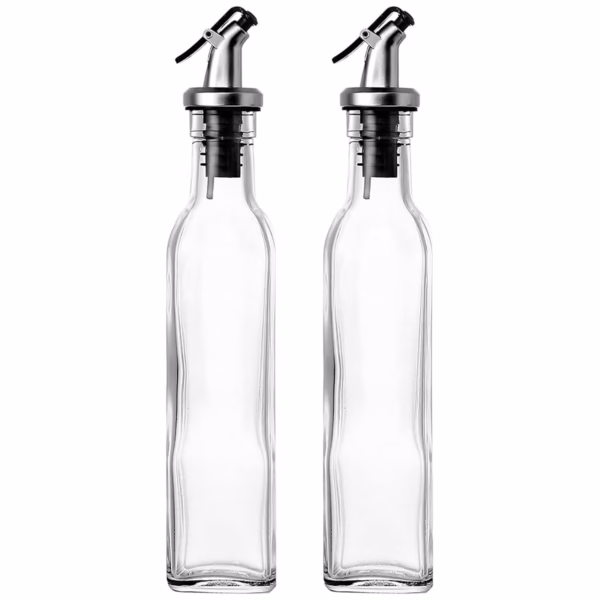 Sticle si Borcane de Ulei de Masline, Flippy, Dozator Set 4 Bucati, 2 Sticle cu Dispenser 500 ml/buc, 2 Borcane pentru Condimente cu Capac si Lingura 120ml/buc, Transparent - imagine 3