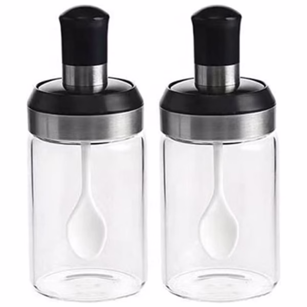 Sticle si Borcane de Ulei de Masline, Flippy, Dozator Set 4 Bucati, 2 Sticle cu Dispenser 500 ml/buc, 2 Borcane pentru Condimente cu Capac si Lingura 120ml/buc, Transparent - imagine 4