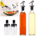 Sticle si Borcane de Ulei de Masline, Flippy, Dozator Set 4 Bucati, 2 Sticle cu Dispenser 500 ml/buc, 2 Borcane pentru Condimente cu Capac si Lingura 120ml/buc, Transparent - imagine 5