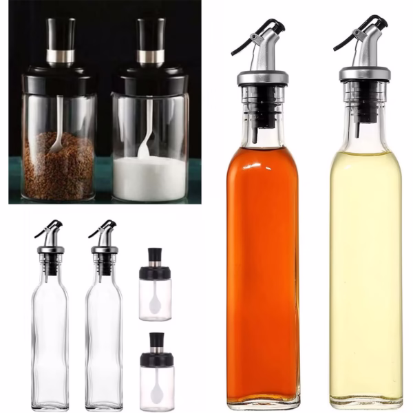 Sticle si Borcane de Ulei de Masline, Flippy, Dozator Set 4 Bucati, 2 Sticle cu Dispenser 500 ml/buc, 2 Borcane pentru Condimente cu Capac si Lingura 120ml/buc, Transparent - imagine 6