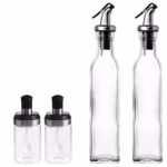 Sticle si Borcane de Ulei de Masline, Flippy, Dozator Set 4 Bucati, 2 Sticle cu Dispenser 500 ml/buc, 2 Borcane pentru Condimente cu Capac si Lingura 120ml/buc, Transparent