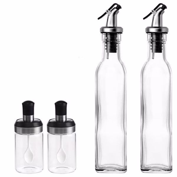 Sticle si Borcane de Ulei de Masline, Flippy, Dozator Set 4 Bucati, 2 Sticle cu Dispenser 500 ml/buc, 2 Borcane pentru Condimente cu Capac si Lingura 120ml/buc, Transparent - imagine 1