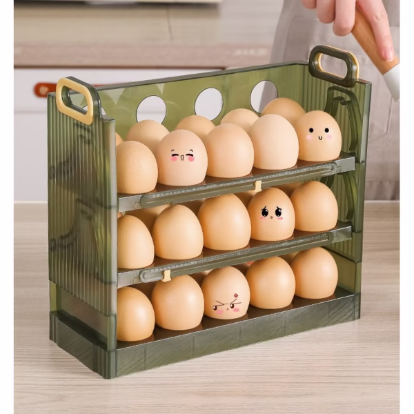 Suport Organizator pentru Oua, Flippy, pentru Frigider, Verde transparent, Capacitate 30 oua, Trei straturi, cu Data de Expirare, 25.5x10x23 cm - imagine 4