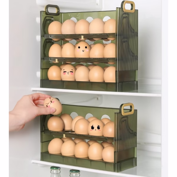Suport Organizator pentru Oua, Flippy, pentru Frigider, Verde transparent, Capacitate 30 oua, Trei straturi, cu Data de Expirare, 25.5x10x23 cm - imagine 6
