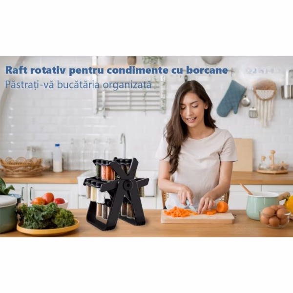 Suport Pentru Condimente Rotativ, Flippy, Multifunctional, Pivotant 360°, Portabil, Usor de Montat, 34x23 cm, ABS/Sticla, Negru - imagine 5