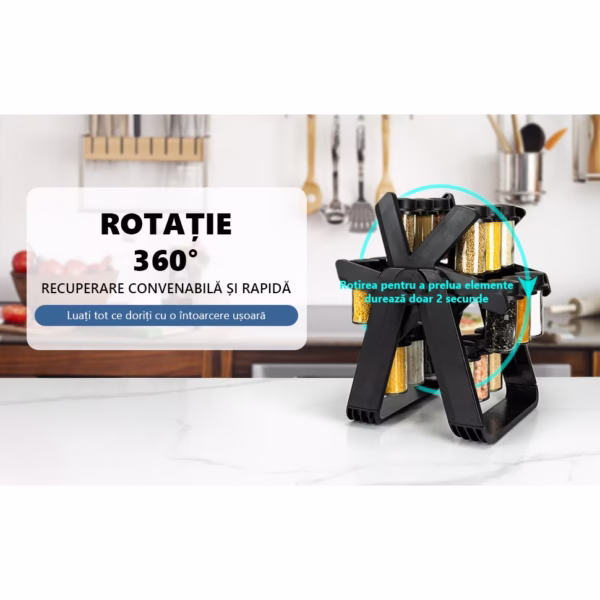 Suport Pentru Condimente Rotativ, Flippy, Multifunctional, Pivotant 360°, Portabil, Usor de Montat, 34x23 cm, ABS/Sticla, Negru - imagine 7