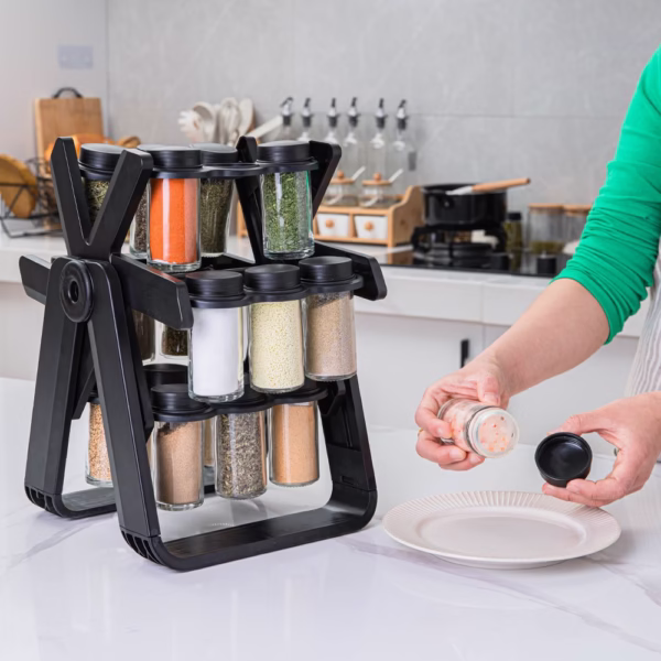 Suport Pentru Condimente Rotativ, Flippy, Multifunctional, Pivotant 360°, Portabil, Usor de Montat, 34x23 cm, ABS/Sticla, Negru - imagine 8