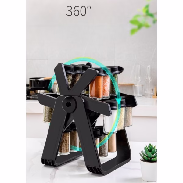 Suport Pentru Condimente Rotativ, Flippy, Multifunctional, Pivotant 360°, Portabil, Usor de Montat, 34x23 cm, ABS/Sticla, Negru - imagine 11