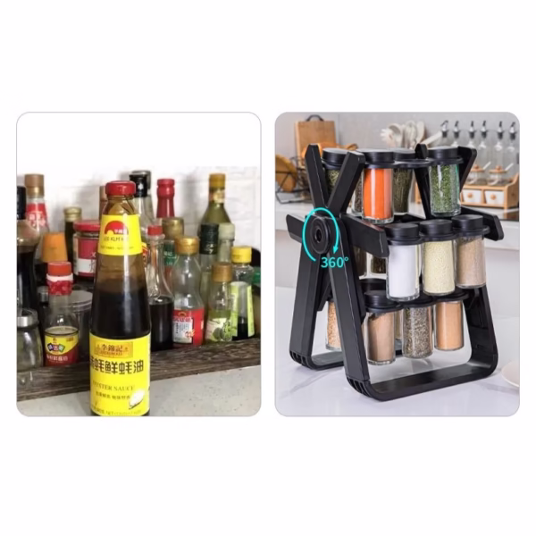 Suport Pentru Condimente Rotativ, Flippy, Multifunctional, Pivotant 360°, Portabil, Usor de Montat, 34x23 cm, ABS/Sticla, Negru - imagine 14