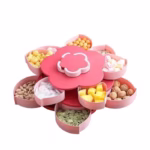 Tava pentru Servire, Flippy, pentru Fructe / Legume / Snackuri, cu Sertare, Deschidere Rotativa, pe 2 Straturi, in Forma de Floare, 26 x 26 x 11.5 cm Roz