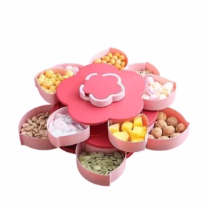 Tava pentru Servire, Flippy, pentru Fructe / Legume / Snackuri, cu Sertare, Deschidere Rotativa, pe 2 Straturi, in Forma de Floare, 26 x 26 x 11.5 cm Roz
