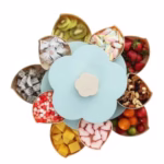 Tava pentru Servire, Flippy, pentru Fructe / Legume / Snackuri, cu Sertare, Deschidere Rotativa, pe 2 Straturi, in Forma de Floare, 26 x 26 x 11.5 cm Albastru