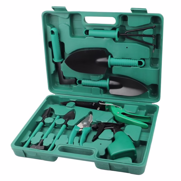 Set 10 Unelte Grădinărit Brico360, Oțel Inoxidabil și PVC, Kit Complet Plantare și Îngrijire cu Cutie Organizatoare, Verde - imagine 1