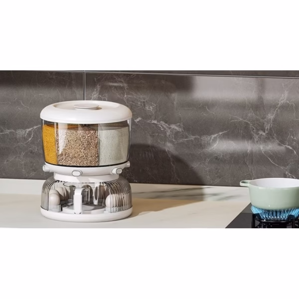 Dozator etajat de cereale Flippy, rotativ 360, 6 compartimente, capacitate 10L, cofrag special pentru oua, vas pentru scurgerea cerealelor, 35x27.5 cm, alb - imagine 2