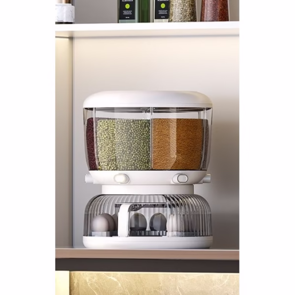 Dozator etajat de cereale Flippy, rotativ 360, 6 compartimente, capacitate 10L, cofrag special pentru oua, vas pentru scurgerea cerealelor, 35x27.5 cm, alb - imagine 3