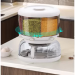 Dozator etajat de cereale Flippy, rotativ 360, 6 compartimente, capacitate 10L, cofrag special pentru oua, vas pentru scurgerea cerealelor, 35x27.5 cm, alb - imagine 4