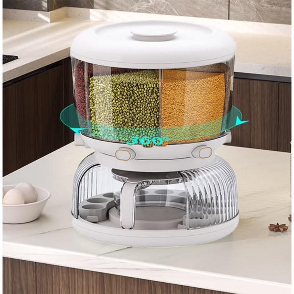 Dozator etajat de cereale Flippy, rotativ 360, 6 compartimente, capacitate 10L, cofrag special pentru oua, vas pentru scurgerea cerealelor, 35x27.5 cm, alb - imagine 4
