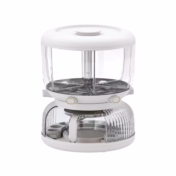 Dozator etajat de cereale Flippy, rotativ 360, 6 compartimente, capacitate 10L, cofrag special pentru oua, vas pentru scurgerea cerealelor, 35x27.5 cm, alb - imagine 15