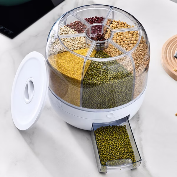 Dozator de cereale Flippy, rotativ 360, 6 compartimente, capacitate 3 L, rezistent la umezeala, inchidere etansa, alb - imagine 3