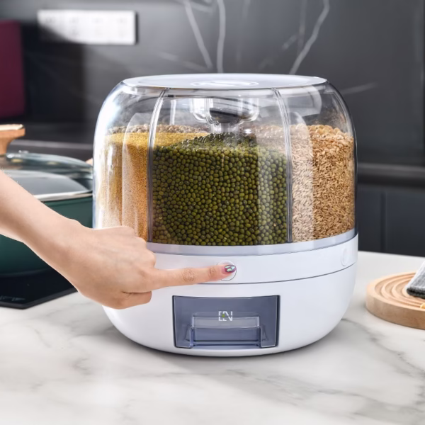 Dozator de cereale Flippy, rotativ 360, 6 compartimente, capacitate 3 L, rezistent la umezeala, inchidere etansa, alb - imagine 11